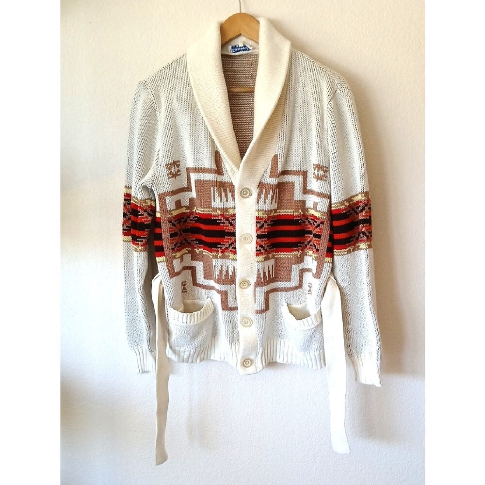 Vintage Cambridge 70s Swouthwestern Aztec Print Cardigan Sweater With Belt
